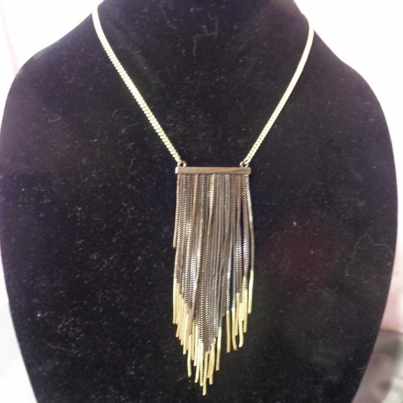 Long Chain Necklace Black Gold Tone Metal Chain Strands Flapper Style - Picture 2 of 5